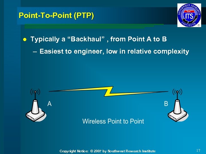 Point-To-Point (PTP) l Typically a “Backhaul” , from Point A to B – Easiest
