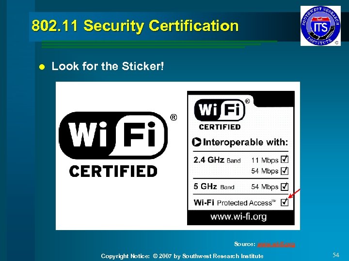 802. 11 Security Certification l Look for the Sticker! Source: www. wi-fi. org Copyright