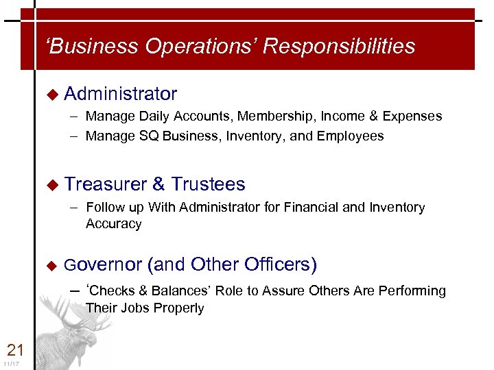 ‘Business Operations’ Responsibilities u Administrator – Manage Daily Accounts, Membership, Income & Expenses –