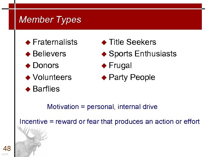 Member Types u Fraternalists u Believers u Donors u Volunteers u Title Seekers u