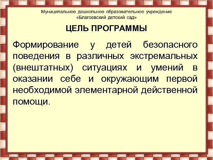 ЦЕЛЬ ПРОГРАММЫ Формирование у детей безопасного поведения в различных экстремальных (внештатных) ситуациях и умений