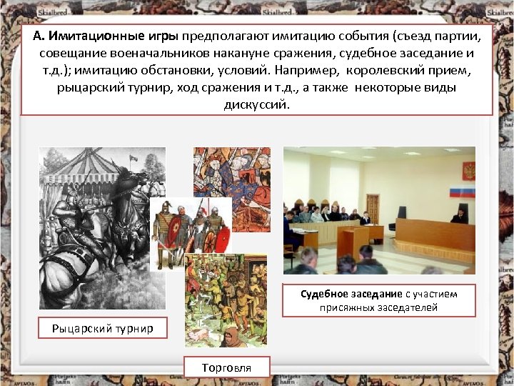 А. Имитационные игры предполагают имитацию события (съезд партии, совещание военачальников накануне сражения, судебное заседание