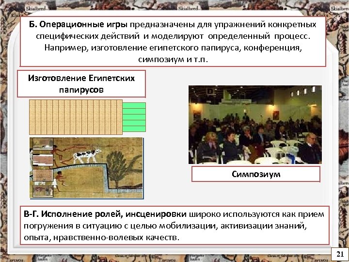 Б. Операционные игры предназначены для упражнений конкретных специфических действий и моделируют определенный процесс. Например,