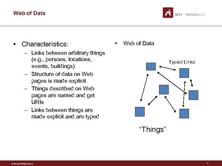 Web of Data • Characteristics: • Web of Data – Links between arbitrary things