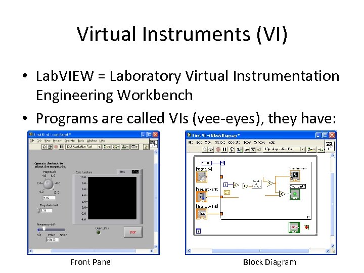 Virtual Instruments (VI) • Lab. VIEW = Laboratory Virtual Instrumentation Engineering Workbench • Programs
