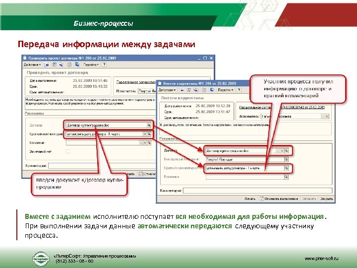 Бизнес-процессы Передача информации между задачами Вместе с заданием исполнителю поступает вся необходимая для работы