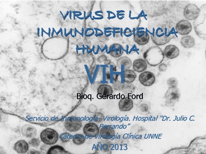 VIRUS DE LA INMUNODEFICIENCIA HUMANA VIH Bioq. Gerardo Ford Servicio de Inmunología- Virología. Hospital