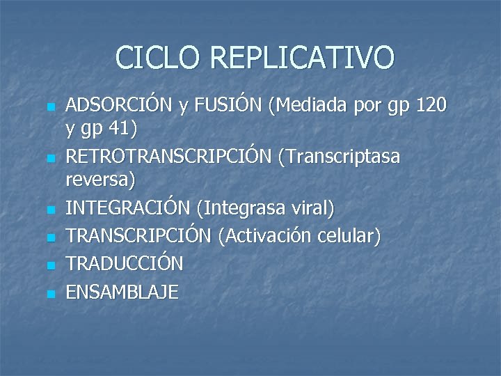 CICLO REPLICATIVO n n n ADSORCIÓN y FUSIÓN (Mediada por gp 120 y gp
