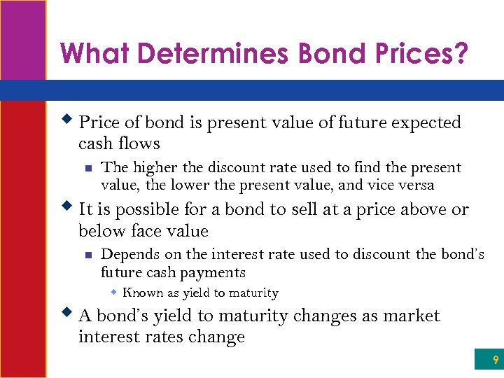 What Determines Bond Prices? w Price of bond is present value of future expected