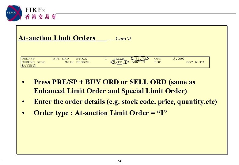 At-auction Limit Orders • …. . . Cont’d • Press PRE/SP + BUY ORD