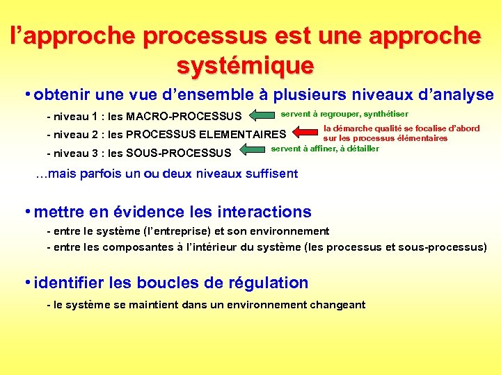 l’approche processus est une approche systémique • obtenir une vue d’ensemble à plusieurs niveaux