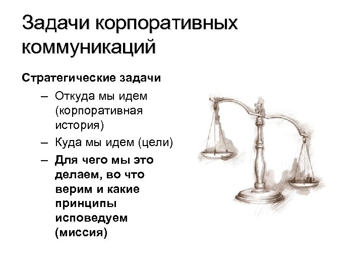 Задачи корпоративных коммуникаций Стратегические задачи – Откуда мы идем (корпоративная история) – Куда мы