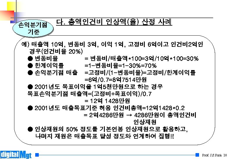 손익분기점 기준 다. 총액인건비 인상액(율) 산정 사례 예) 매출액 10억, 변동비 3억, 이익 1억,