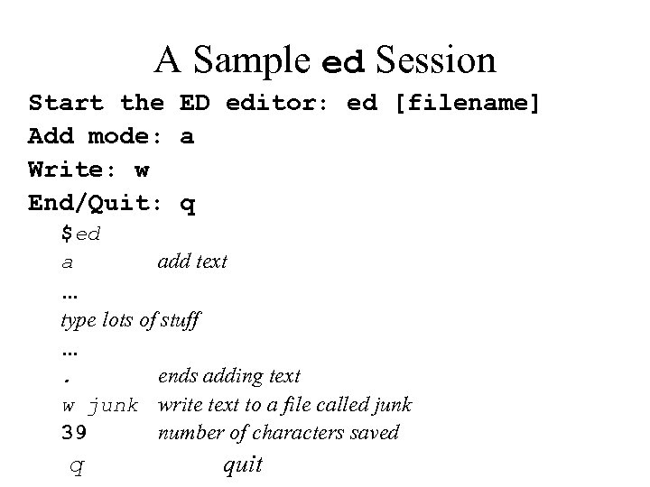 A Sample ed Session Start the ED editor: ed [filename] Add mode: a Write: