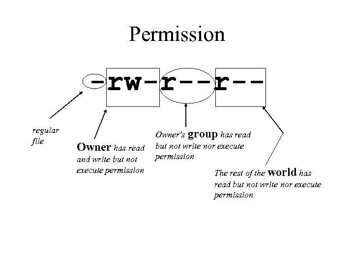 Permission -rw-r--r-regular file Owner has read and write but not execute permission Owner's group