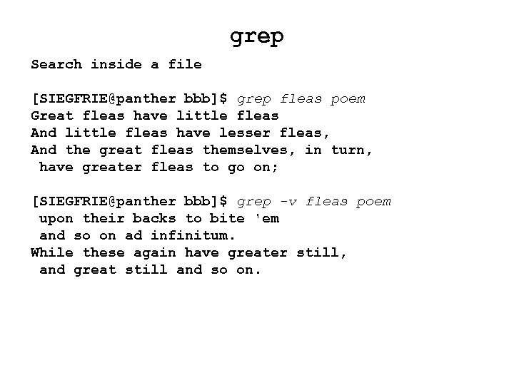 grep Search inside a file [SIEGFRIE@panther bbb]$ grep fleas poem Great fleas have little