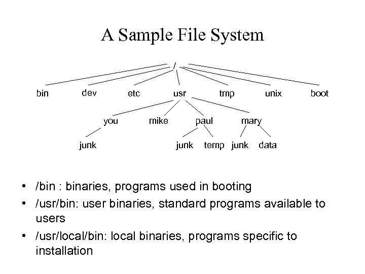 A Sample File System / bin dev etc you junk usr mike tmp paul