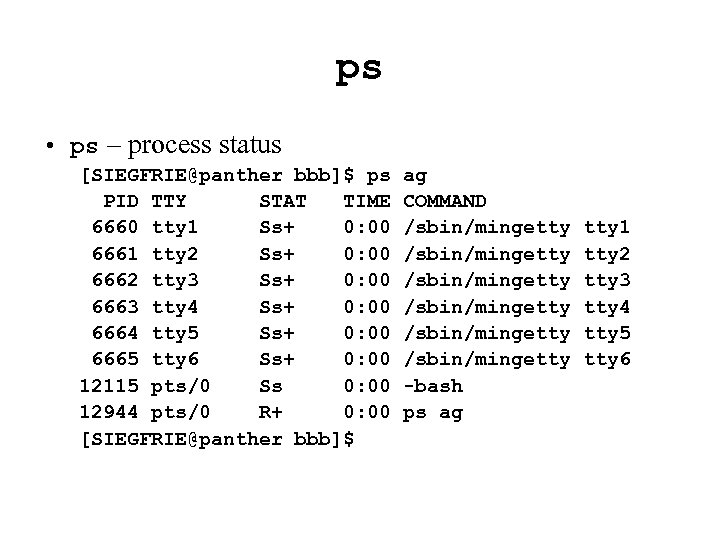 ps • ps – process status [SIEGFRIE@panther bbb]$ ps PID TTY STAT TIME 6660