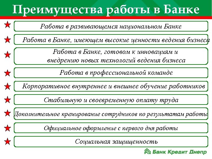 Преимущества работы в Банке Работа в развивающемся национальном Банке Работа в Банке, имеющем высокие