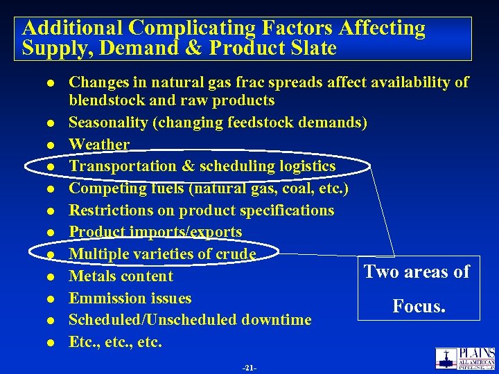 Additional Complicating Factors Affecting Supply, Demand & Product Slate l l l Changes in