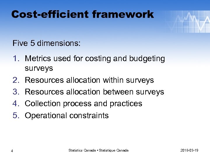 Cost-efficient framework Five 5 dimensions: 1. Metrics used for costing and budgeting surveys 2.