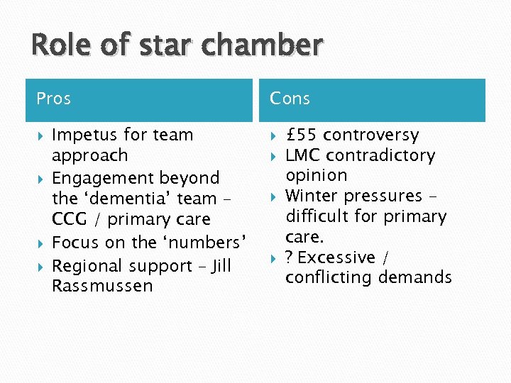 Role of star chamber Pros Impetus for team approach Engagement beyond the ‘dementia’ team