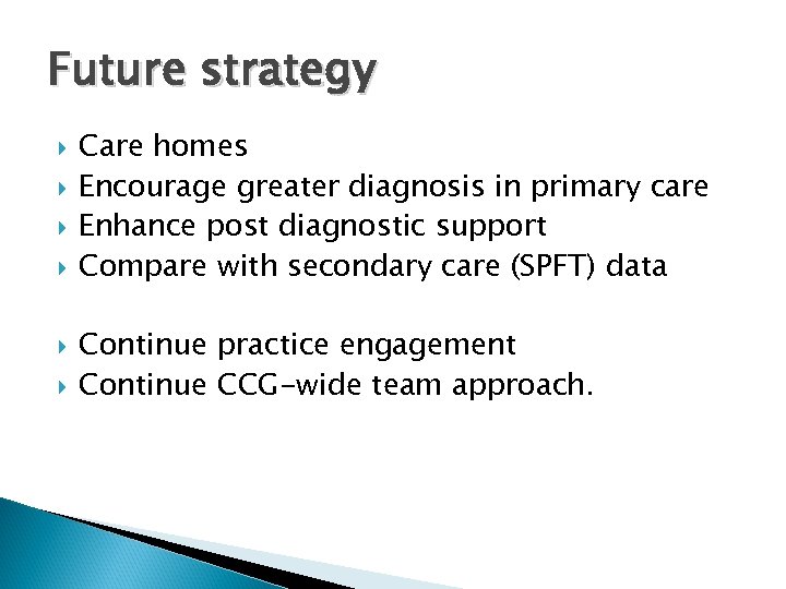 Future strategy Care homes Encourage greater diagnosis in primary care Enhance post diagnostic support