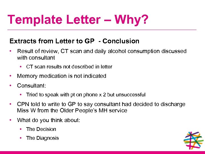 Template Letter – Why? Extracts from Letter to GP - Conclusion • Result of