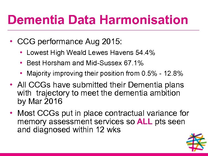 Dementia Data Harmonisation • CCG performance Aug 2015: • Lowest High Weald Lewes Havens