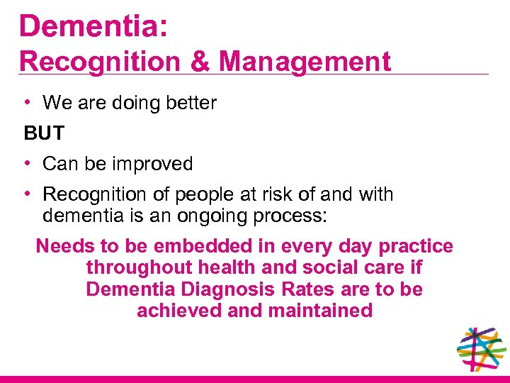 Dementia: Recognition & Management • We are doing better BUT • Can be improved