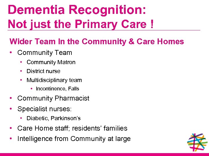 Dementia Recognition: Not just the Primary Care ! Wider Team In the Community &