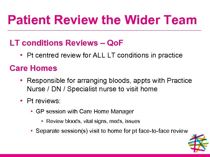 Patient Review the Wider Team LT conditions Reviews – Qo. F • Pt centred