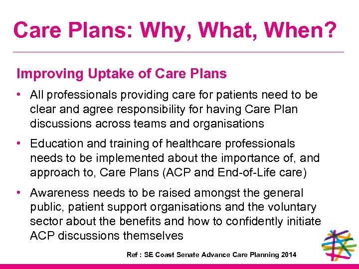 Care Plans: Why, What, When? Improving Uptake of Care Plans • All professionals providing
