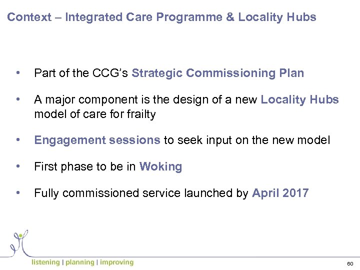 Context – Integrated Care Programme & Locality Hubs • Part of the CCG’s Strategic