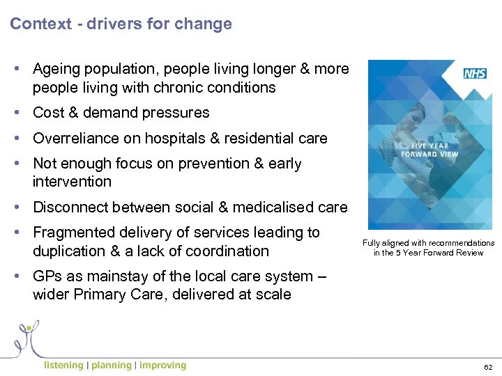 Context - drivers for change • Ageing population, people living longer & more people