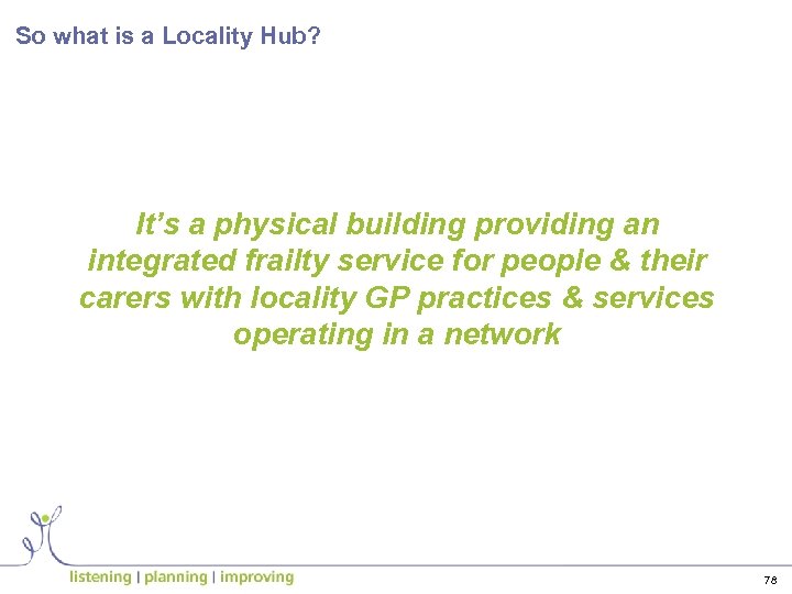 So what is a Locality Hub? It’s a physical building providing an integrated frailty