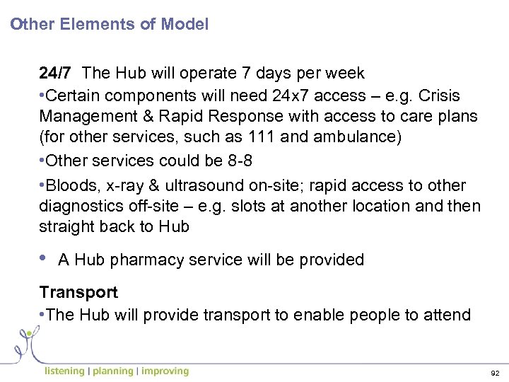 Other Elements of Model 24/7 The Hub will operate 7 days per week •