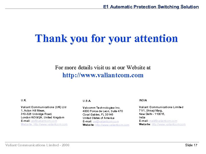 E 1 Automatic Protection Switching Solution Thank you for your attention For more details