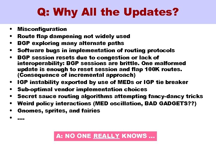 Q: Why All the Updates? • • • Misconfiguration Route flap dampening not widely