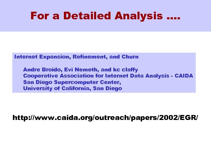 For a Detailed Analysis …. Internet Expansion, Refinement, and Churn Andre Broido, Evi Nemeth,