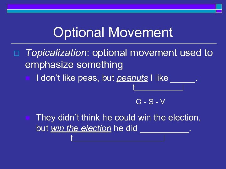 Optional Movement o Topicalization: optional movement used to emphasize something n I don’t like