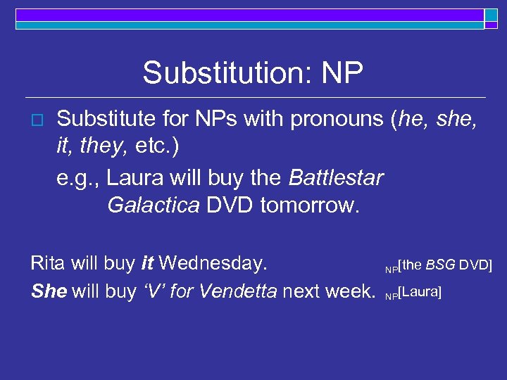 Substitution: NP o Substitute for NPs with pronouns (he, she, it, they, etc. )