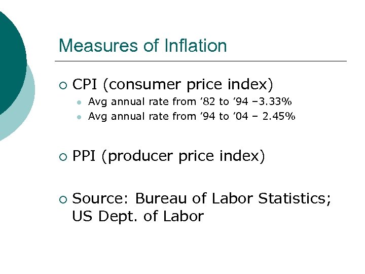 Measures of Inflation ¡ CPI (consumer price index) l l ¡ ¡ Avg annual
