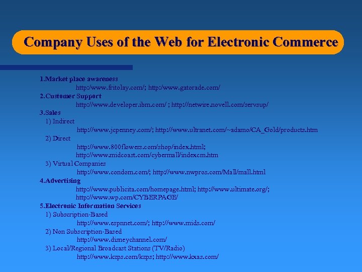 Company Uses of the Web for Electronic Commerce 1. Market place awareness http: /www.