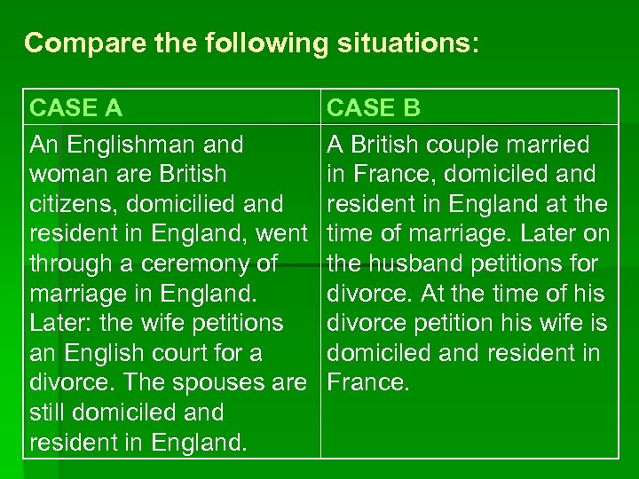 Compare the following situations: CASE A An Englishman and woman are British citizens, domicilied