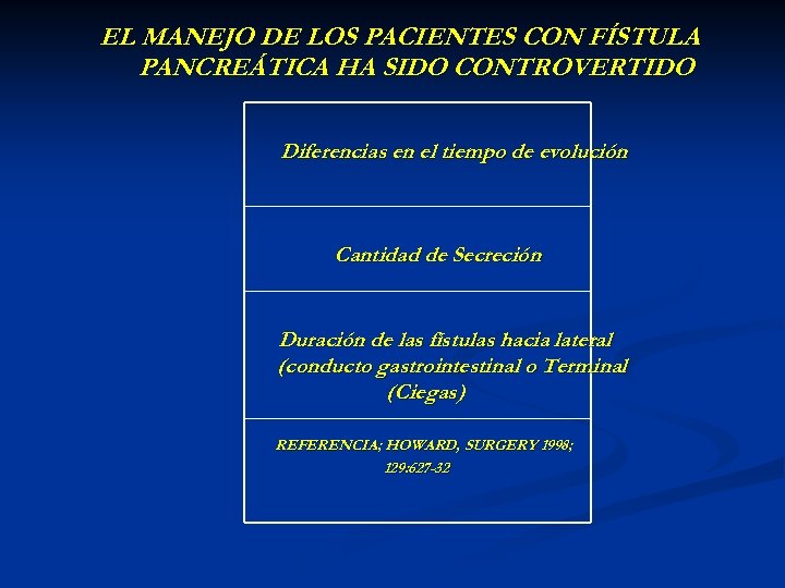 EL MANEJO DE LOS PACIENTES CON FÍSTULA PANCREÁTICA HA SIDO CONTROVERTIDO Diferencias en el