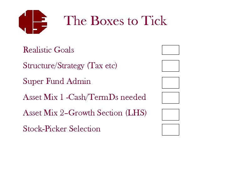 The Boxes to Tick Realistic Goals Structure/Strategy (Tax etc) Super Fund Admin Asset Mix