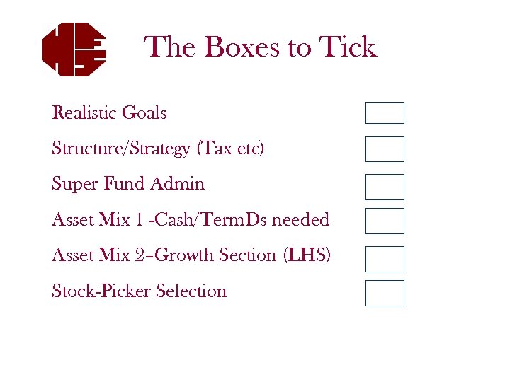 The Boxes to Tick Realistic Goals Structure/Strategy (Tax etc) Super Fund Admin Asset Mix