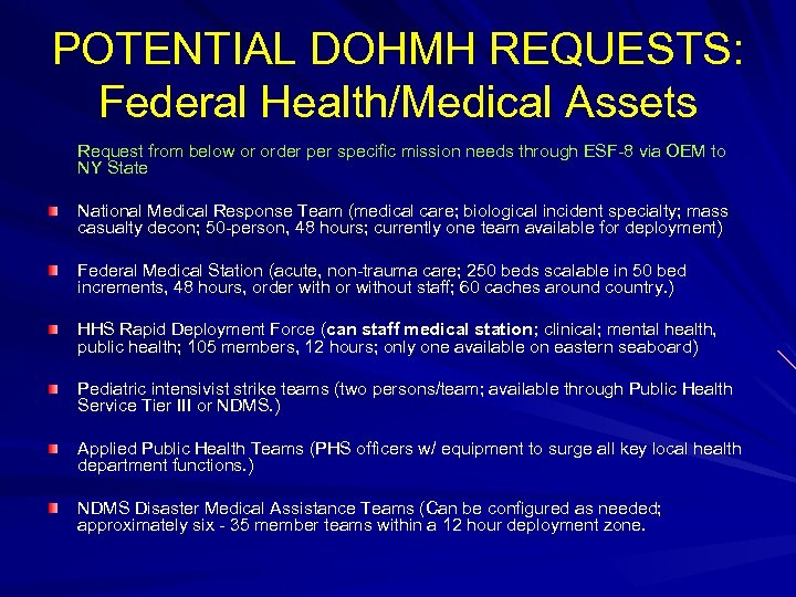 POTENTIAL DOHMH REQUESTS: Federal Health/Medical Assets Request from below or order per specific mission