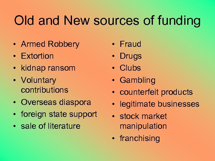 Old and New sources of funding • • Armed Robbery Extortion kidnap ransom Voluntary